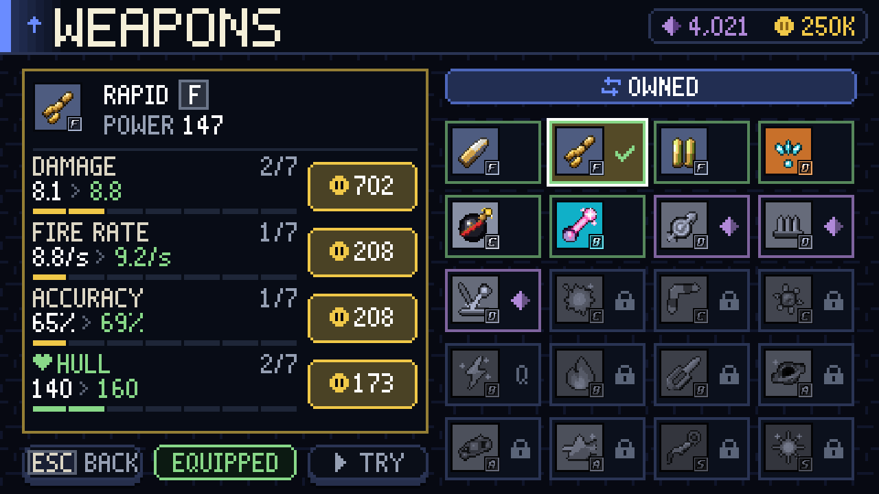 The weapons screen with upgrade costs